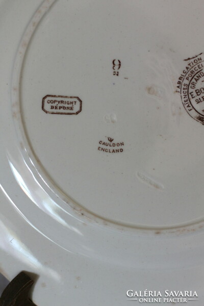 Cauldon antique earthenware flat plate with bird decoration, bourgeois French import stamp