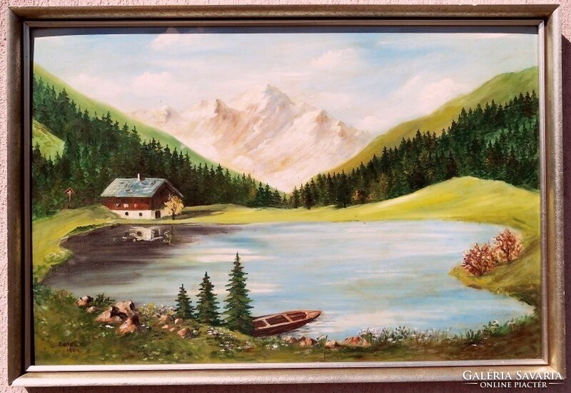 Tiroli tájkép erdei tóval, és házikóval, szignált festmény Ausztriából