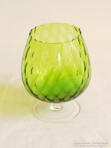 Old green colored blown glass decorative cup with special pattern, colorless base 12 cm