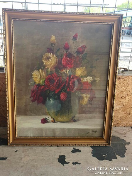 Mesterházy Dénes: Virágcsendélet. Olaj-vászon. Nagyon szép kvalitású festmény. 55x45cm kerettel.