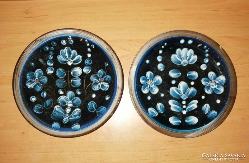 Retro kék virág mintás kerámia falitányér párban - átm. 19 cm (n)
