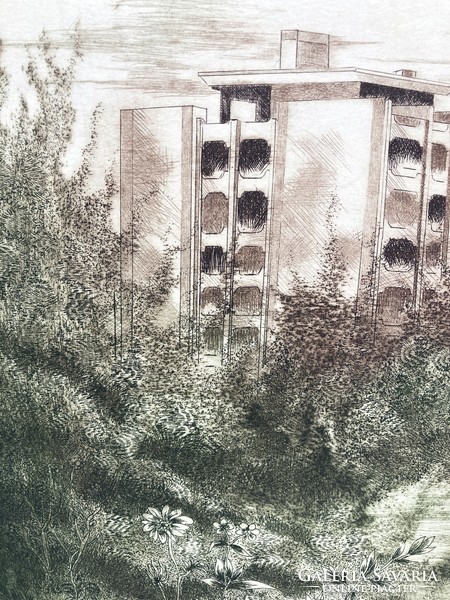 Ábrahám rafael: hotel claudius, Szombathely - colored, marked, retro etching, 1970s