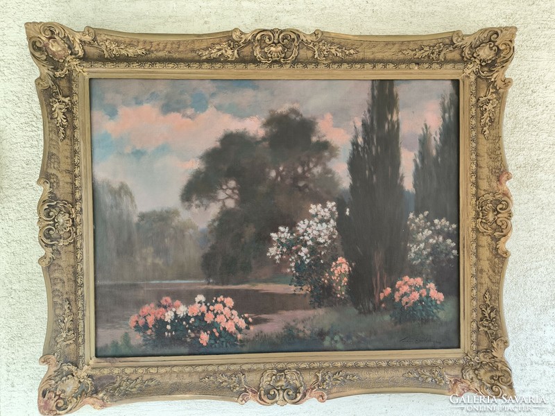 Antique huge Torday painting by Mihály Székely, castle park, good quality painting 100 x 76 cm.