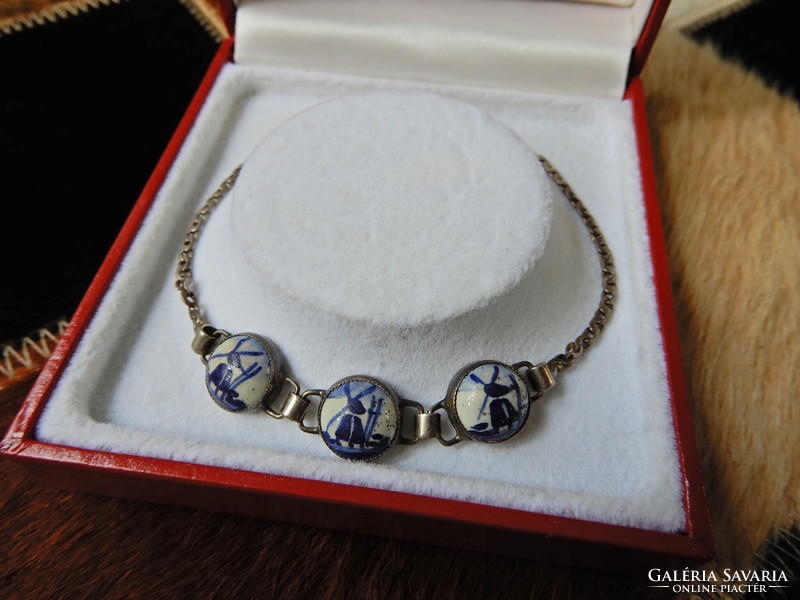 Old Delft Dutch silver bracelet with hand painted ceramic decoration