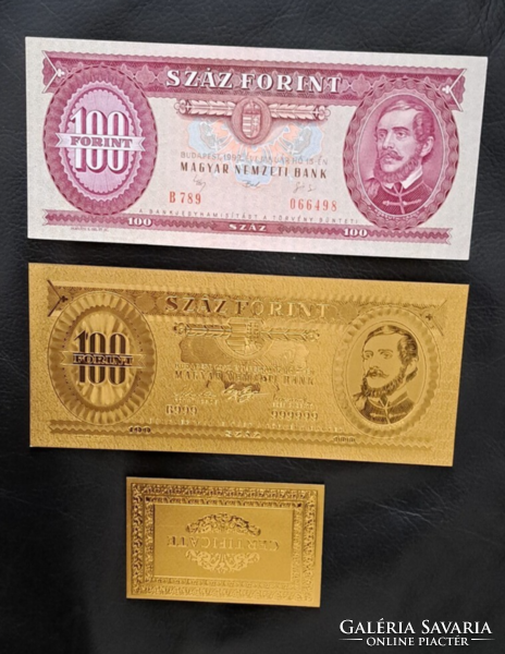 Certified, gold-plated 100 forint banknote, replica, and model
