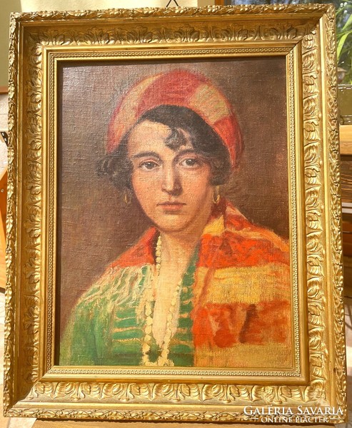 Egzotikus női portré olaj festmény gyönyörű keretben