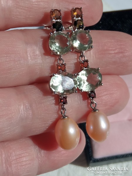Green amethyst - pearl 925 silver earrings