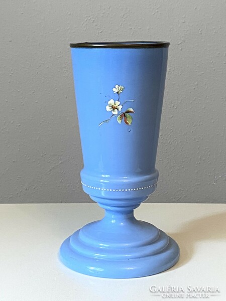 Antique blue footed Biedermeier glass vase with flower painting 32.5 Cm