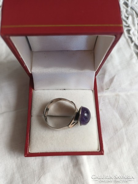 Old handcrafted silver ring with 18kt gold inlay and amethyst for sale!