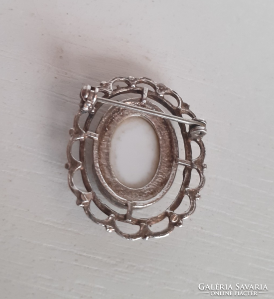 Old openwork pattern framed silver brooch badge included rose patterned porcelain porcelain