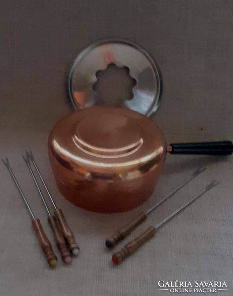 Nice new condition red copper marked fondue pot set