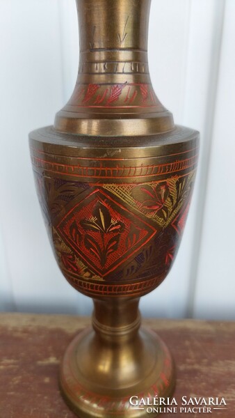 Engraved, painted Indian copper vase, 23 cm