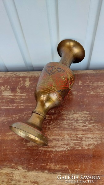 Engraved, painted Indian copper vase, 23 cm