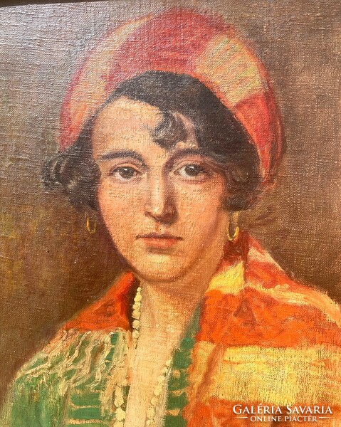 Egzotikus női portré olaj festmény gyönyörű keretben