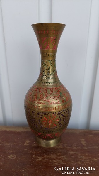 Engraved, painted, Indian copper vase