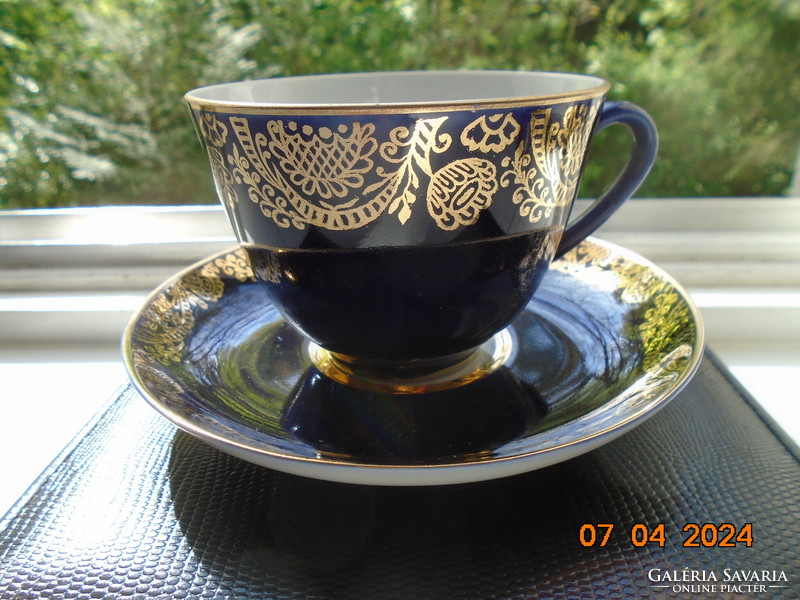 Brand new cobalt gold Soviet-Russian Lomonosov, former tsarist manufactory, tea cup with coaster