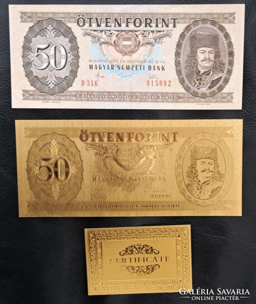 With certification, gold-plated HUF 50 banknote, replica and model