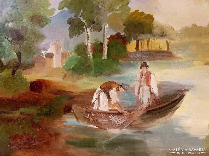 Net throwers, Great Plain landscape with end signature, antique oil-canvas painting from the beginning of the last century