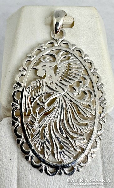 Ezüst kakasos medál, madár mintával, népi stípusú 925 ezüst ékszer