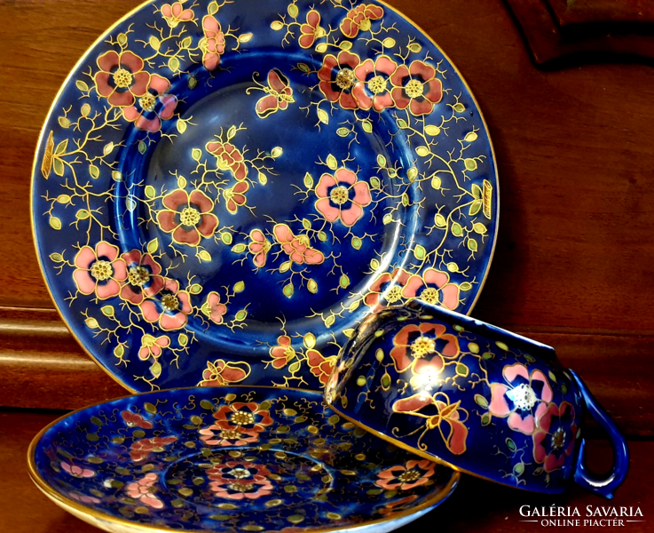 Antique Zsolnay blue glazed butterfly breakfast set with family and heart seal