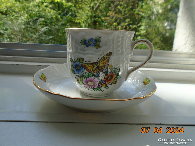 Unique hand-painted flower and butterfly pattern, embossed cup with coaster, contemporary Hungarian studio