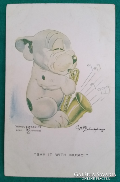 Humoros Bonzo kutya sorozat "993" - Mondd el zenével ! - postatiszta ragasztott hátoldalú képeslap