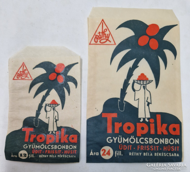 Régi Réthy Béla Gyógycukorgyára Békéscsaba féle Tropika gyümölcsbonbon reklám csomagolásai hibátlan