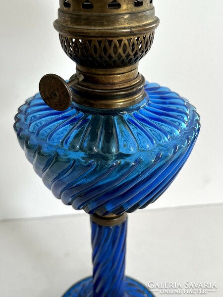 Old, antique, large-scale Hungarian metal and lamp factory blue glass kerosene lamp with milk glass shade