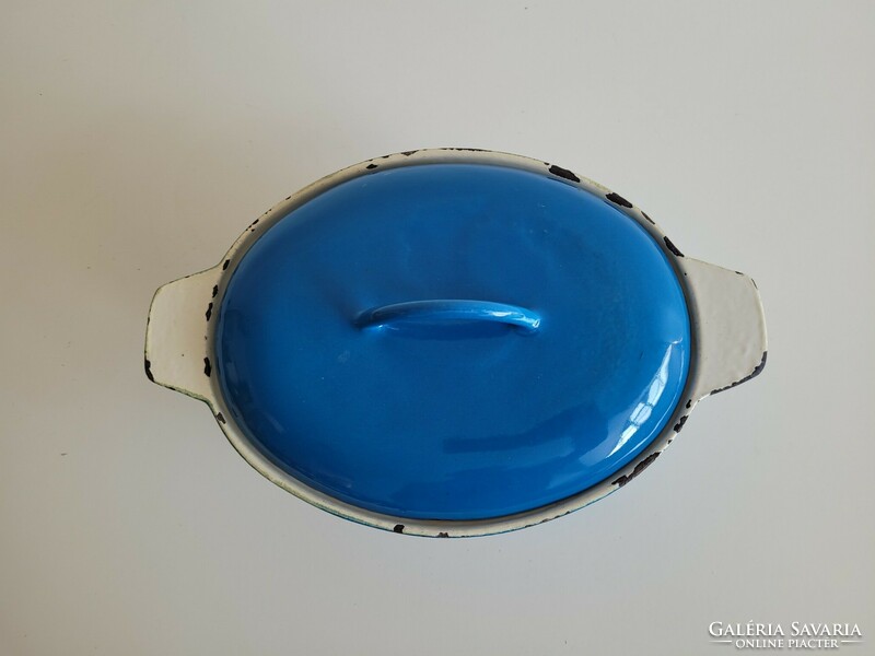 Régi vintage kék zománcos öntöttvas sütőtál lábas zománcozott fedeles tál vas fazék edény