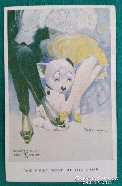 Humoros Bonzo " Az első lépes a játékban " ragasztott hátoldalú postatiszta képeslap