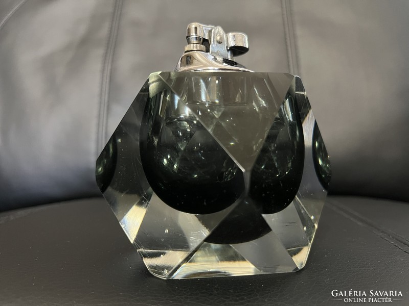Flavio Poli tervező , Murano Sommerso Luxus fazettált , füstös üveg , asztali öngyújtója 1960-as éve