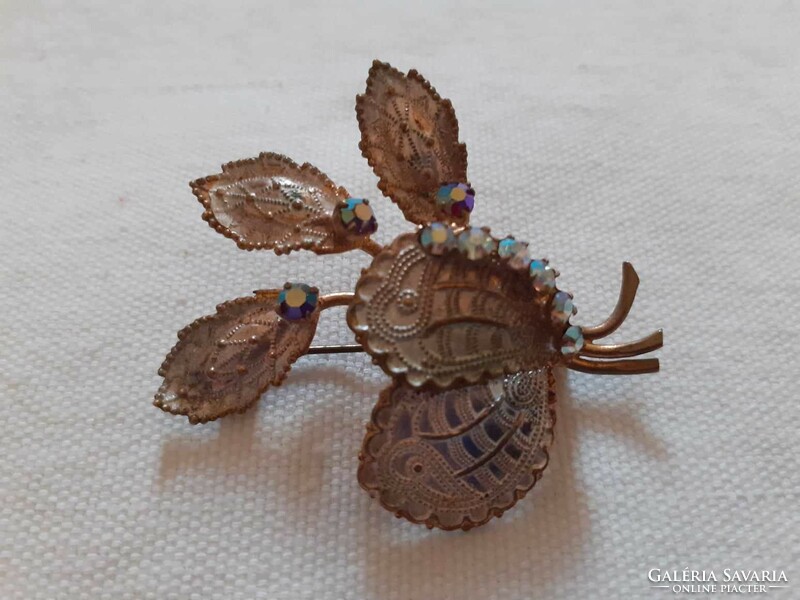 Vintage painted copper? Leaf-shaped brooch decorated with polished aurora borealis crystal