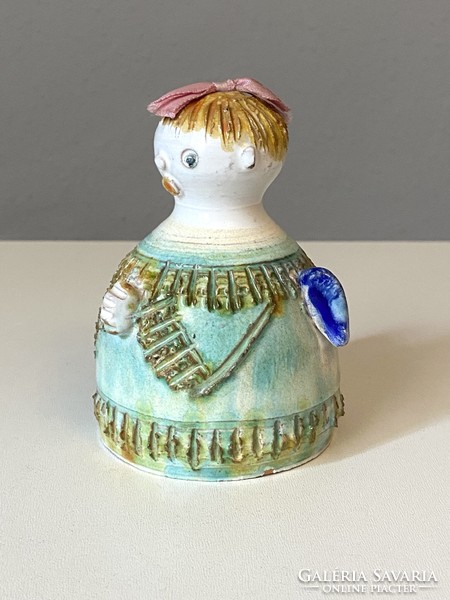 Ilona Kiss roóz - greenish blue painted ceramic statue marked with an angel bell