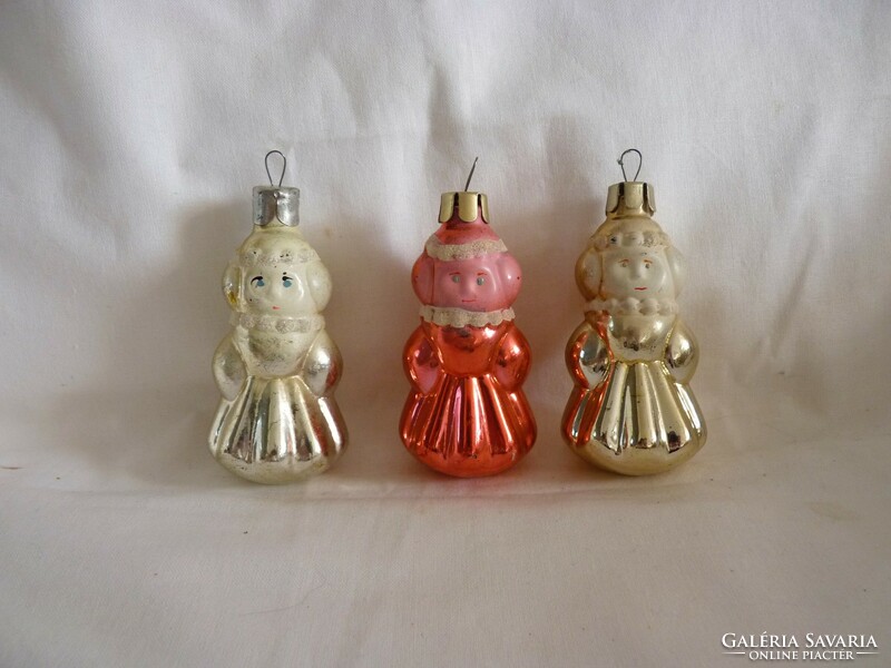 Old glass Christmas tree decorations - 2 ladies in winter clothes!