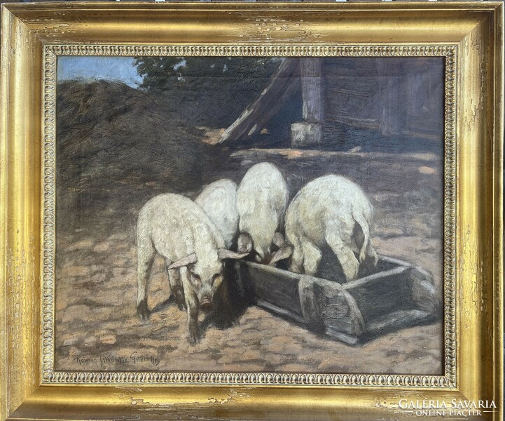 Reiner istvánffy gabriella - village yard with pigs, oil painting