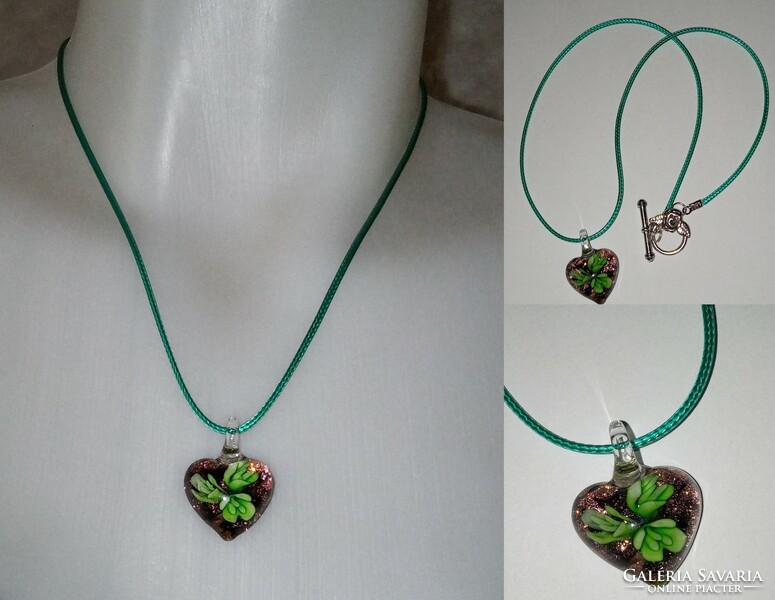 Fashion necklace - unique green flower with small shiny glass pendant