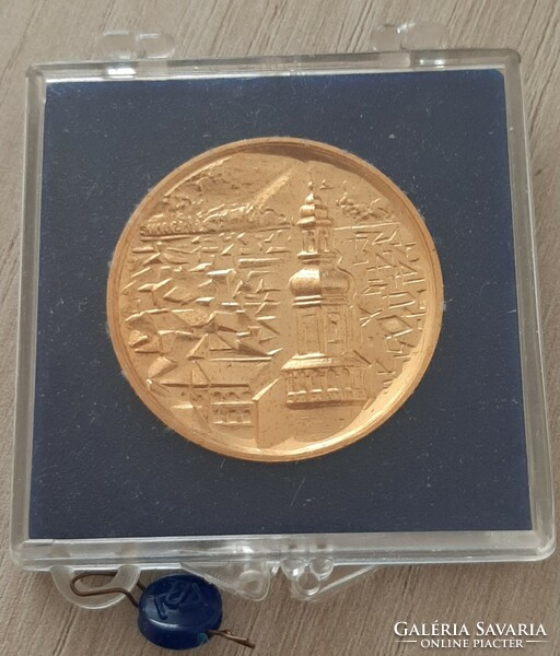 Hungarian cities gilded medal sopron, fire tower in flowered case