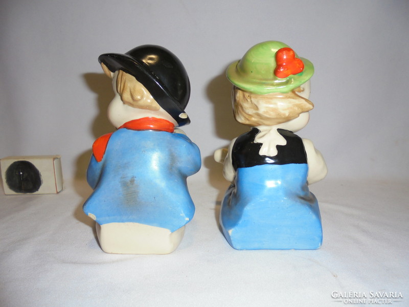 Pair of antique ceramic bookends - boy and girl playing music - hand painted, numbered, marked