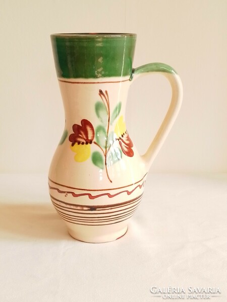 Old folk art goblet glazed ceramic jug with handle 21.5 cm