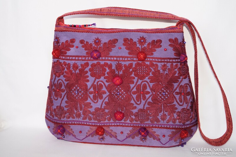 Red, Purple, Hand-Embroidered Széki Embroidered Fabric, Large Women's Shoulder Bag