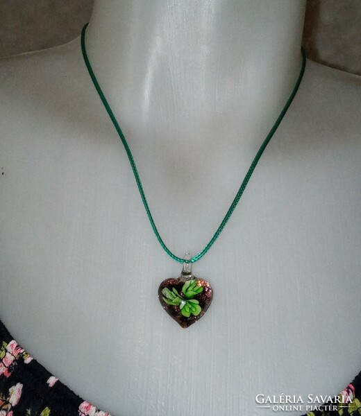 Fashion necklace - unique green flower with small shiny glass pendant