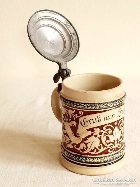 Antique old tin lid mini stoneware German Salzburg beer mug Krigli bier-stein tendril ornament