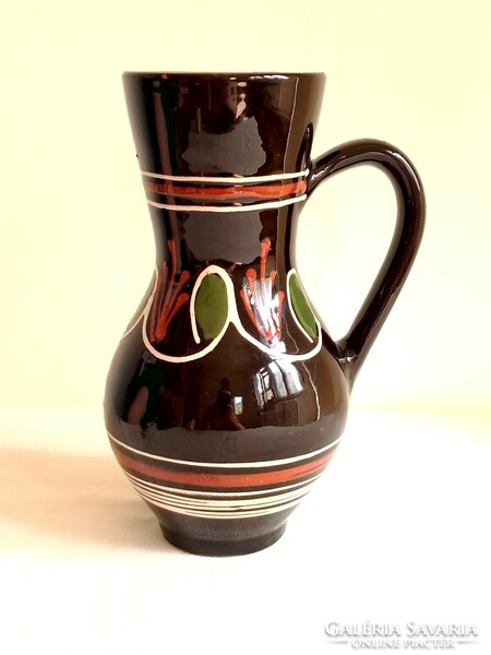 Old folk art black glazed ceramic jug goblet with handle 20.5 cm