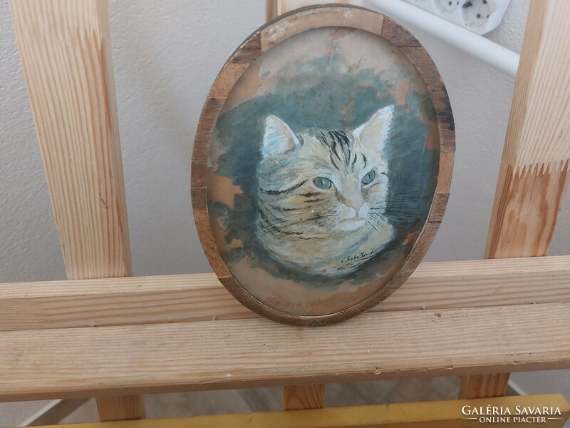 (K) Szép kis cicás festmény 20x15 cm kerettel