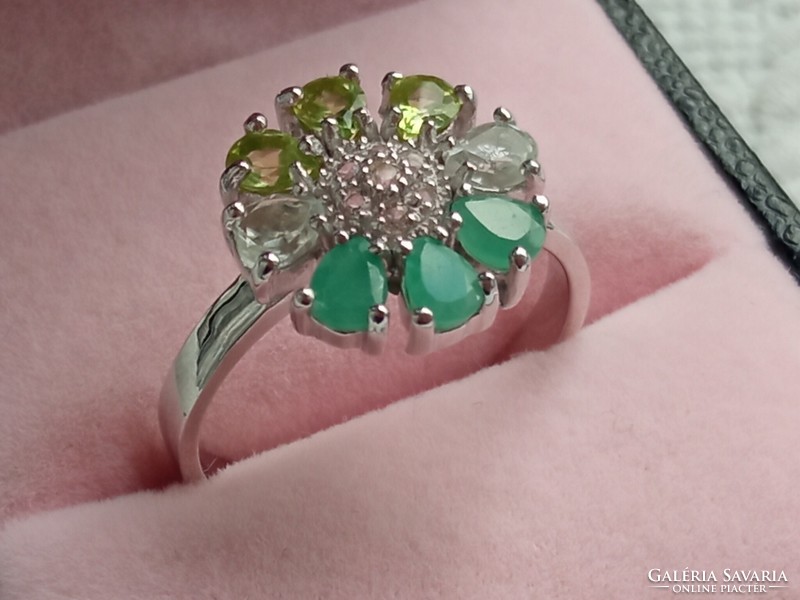 Emerald - peridot - topaz 925 silver ring 57