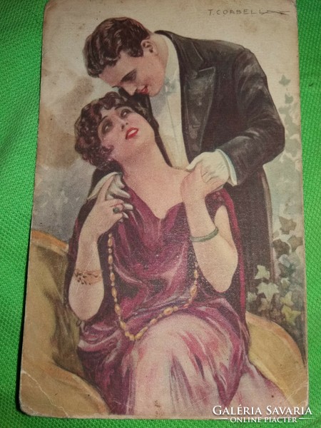 Antique art noveau 1930 loving couple t.Corbella Italian artist color graphic postcard, according to the pictures