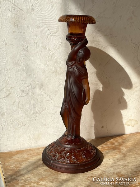 Amber pressed glass candle holder (u0028)