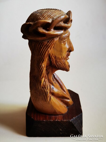 Hand-carved olive wood bust, Jesus Christ on a cedar plinth