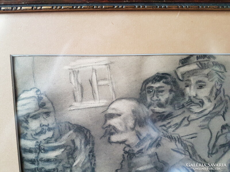 Benyovszky szignóval ,  dátummal  jelzett  szén ,papir , katonák  ,  régi szép keretben.