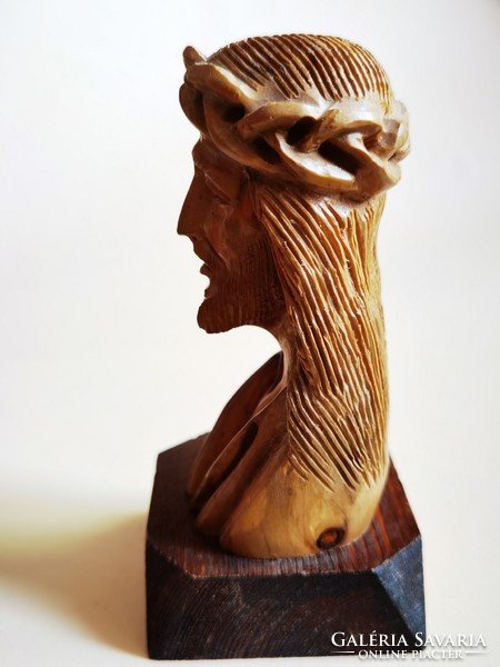 Hand-carved olive wood bust, Jesus Christ on a cedar plinth